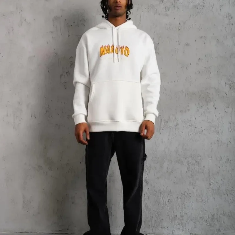 Sweatshirtê Mêran ê Spî ê 3 Têlî Pembû Bi Qapûşon û Çapkirî