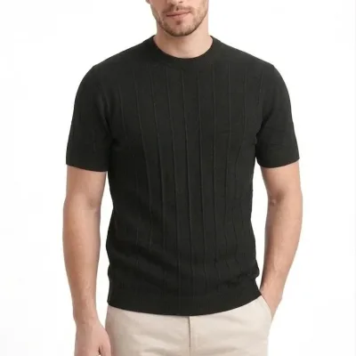 Man Black Crew Neck Ribbed Knit T-Shirt 5
