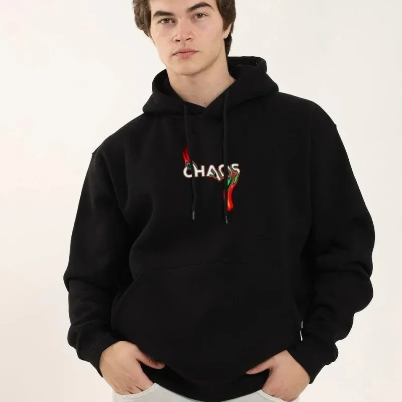 Mêr Reş Oversize 3 Têl Pembû Hoodie Çapkirî