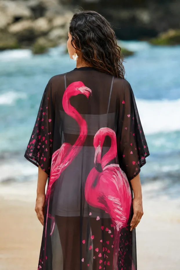 Női Fekete Kényelmes Szabású Sifon Kimono Ruha 4