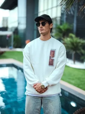 Ανδρικό Λευκό Oversize 3-κλωνο Βαμβακερό Ποδηλατόλαιμο Τυπωμένο Φούτερ