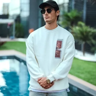 Ανδρικό Λευκό Oversize 3-κλωνο Βαμβακερό Ποδηλατόλαιμο Τυπωμένο Φούτερ 1