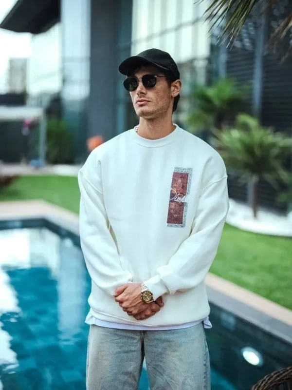 Ανδρικό Λευκό Oversize 3-κλωνο Βαμβακερό Ποδηλατόλαιμο Τυπωμένο Φούτερ 1