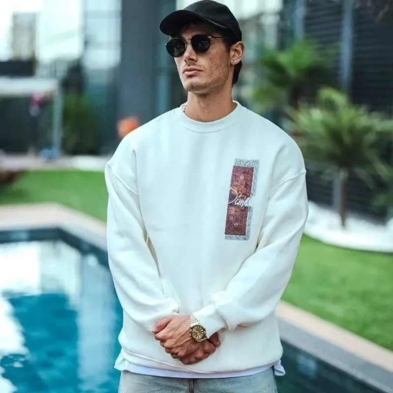 Férfi Fehér Oversize 3 Szálas Pamut Kerékpárnyakú Nyomott Sweatshirt