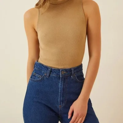 Dámské camel žebrované lycrové body 3