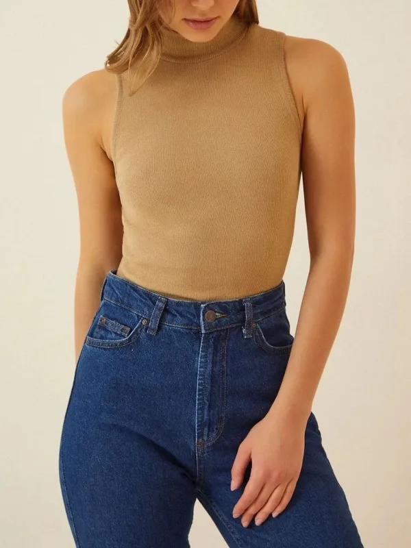 Dámské camel žebrované lycrové body 3
