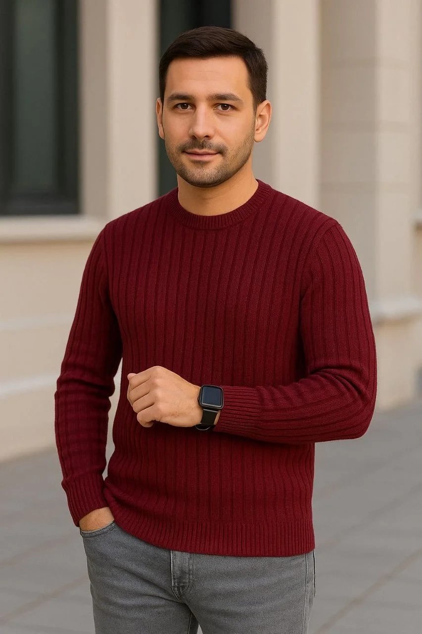 Muški Bordo Regular Fit Rebrasti Okrugli Vrat Triko Džemper 4