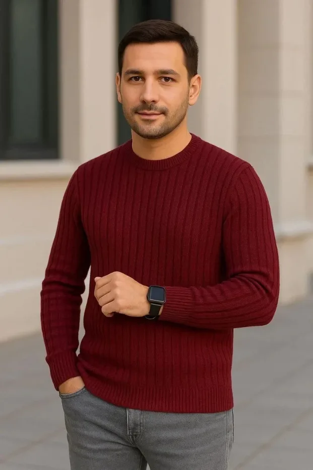 Muški Bordo Regular Fit Rebrasti Okrugli Vrat Triko Džemper 4