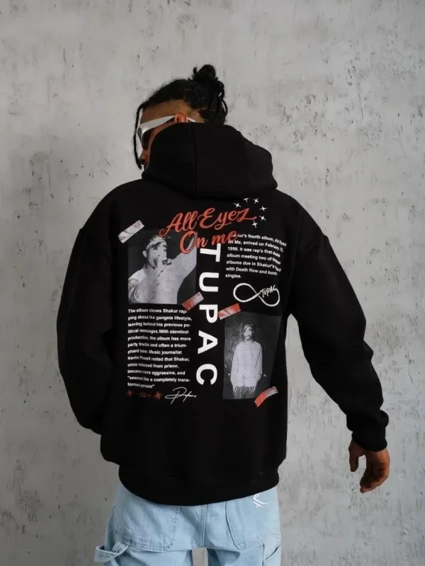Muški crni oversize 3-niti pamučni s kapuljačom tiskani sweatshirt 2