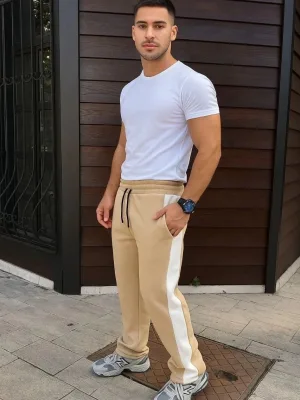 Men Beige 3-Thread Winter Cotton Side Striped Thick Sweatpants