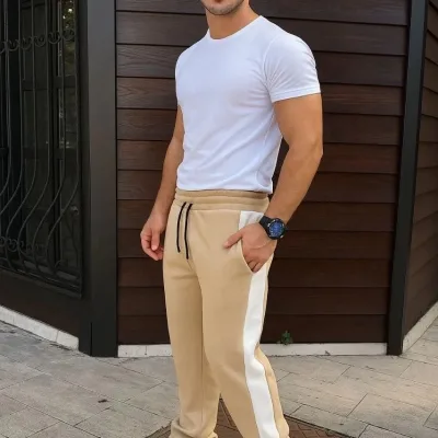 Men Beige 3-Thread Winter Cotton Side Striped Thick Sweatpants 1