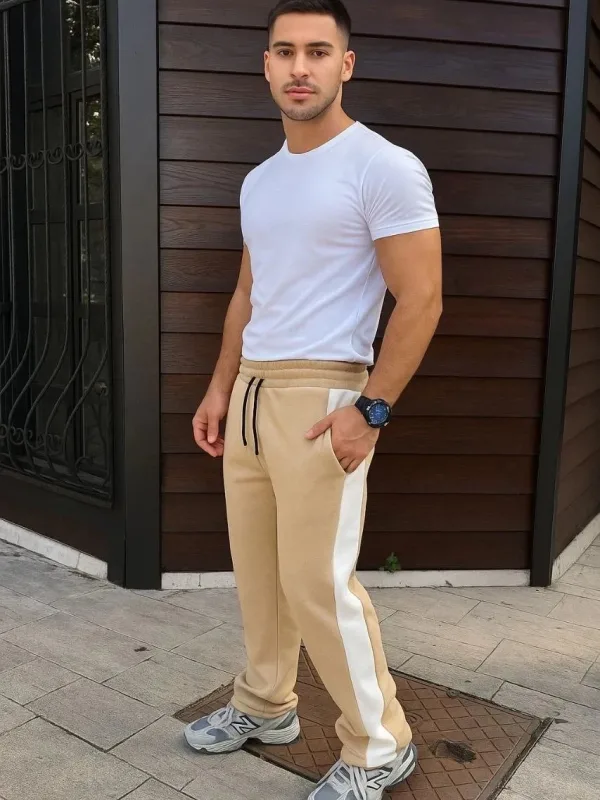 Men Beige 3-Thread Winter Cotton Side Striped Thick Sweatpants 1