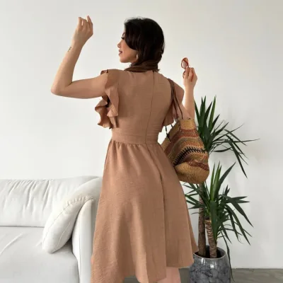 Bust Cutout Flounce Sleeve Dress Beige 5