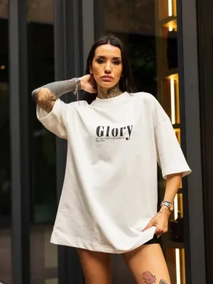Women's White Oversize Crew Neck Printed Short Sleeve T-Shirt