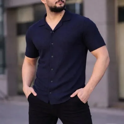 Men's Navy Regular Waffle Fabric Button Open Collar Shirt 4