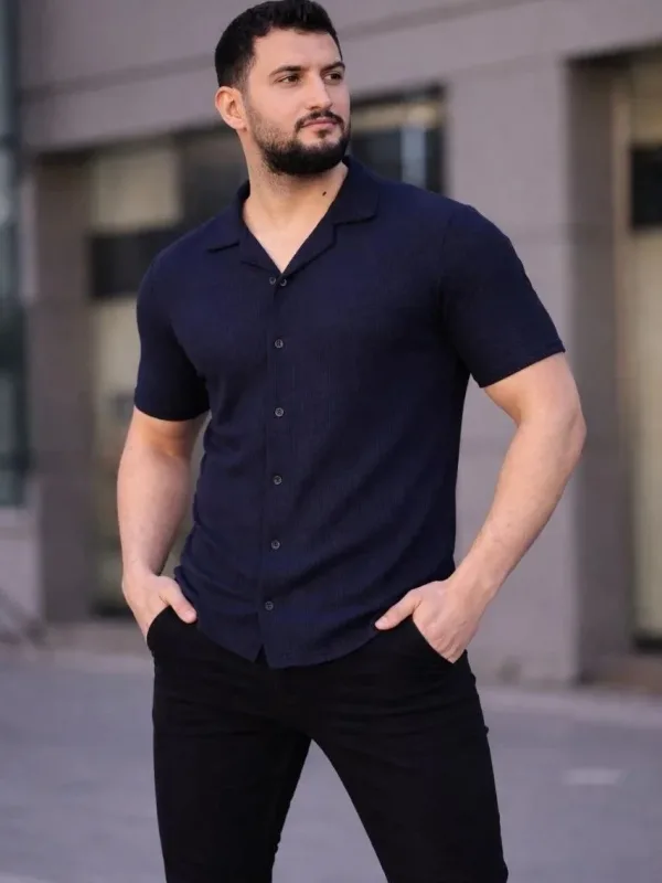 Men's Navy Regular Waffle Fabric Button Open Collar Shirt 4