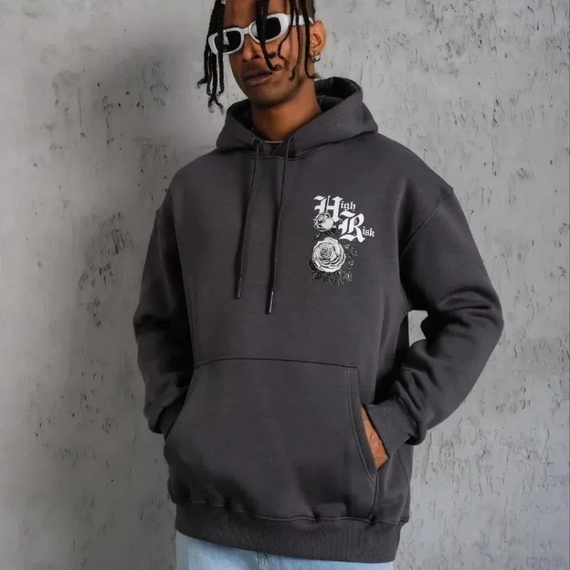 Men's Smoked Oversize 3-Thread Cotton Hooded Printed Sweatshirt with Pockets