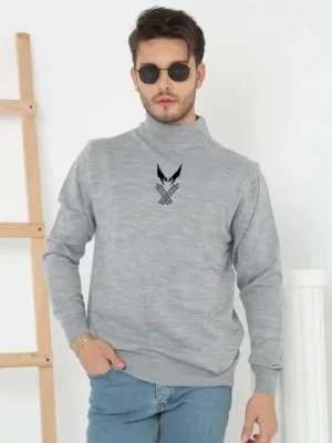 Pánský šedý oversize poloviční límec potištěný pletený svetr