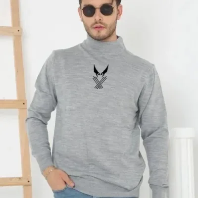 Pánský šedý oversize poloviční límec potištěný pletený svetr 1