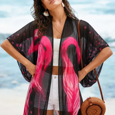 Női Fekete Kényelmes Szabású Sifon Kimono Ruha 3