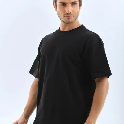 Ανδρικό Μαύρο Oversize Ποδηλατόλαιμο Απλό Καλοκαιρινό T-shirt 5