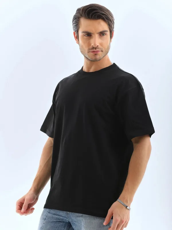 Ανδρικό Μαύρο Oversize Ποδηλατόλαιμο Απλό Καλοκαιρινό T-shirt 5