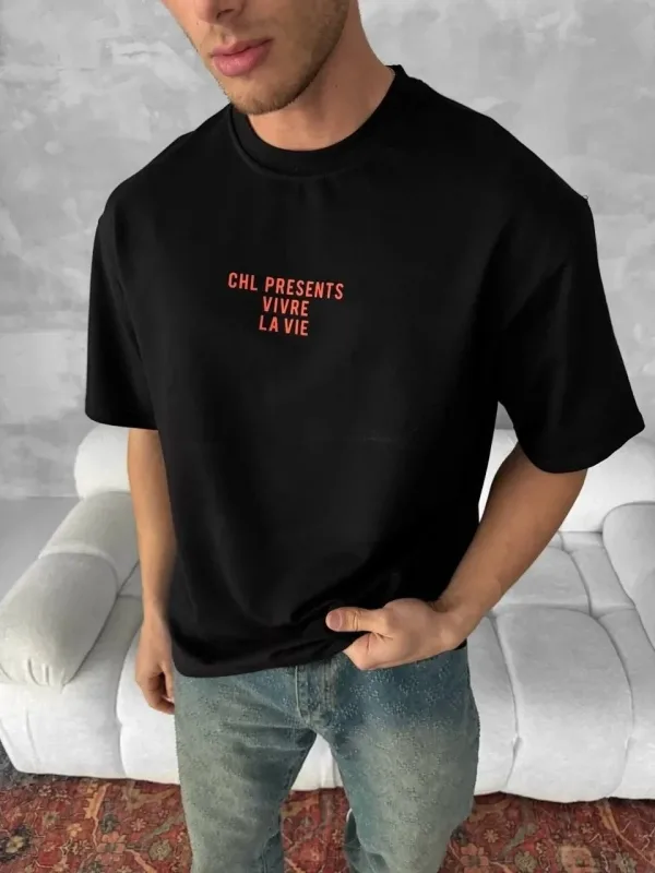 Men's Black Regular Cycling Neck Front Back Printed T-Shirt