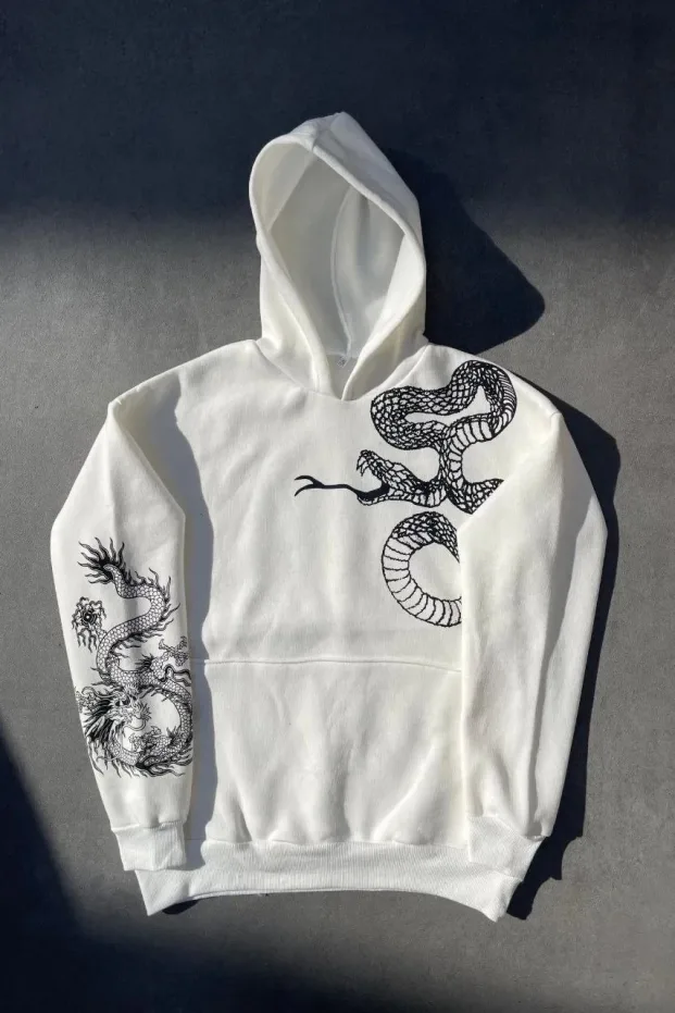 Muška bijela oversize 3 niti pamučna kapuljača tiskani džep sweatshirt 1