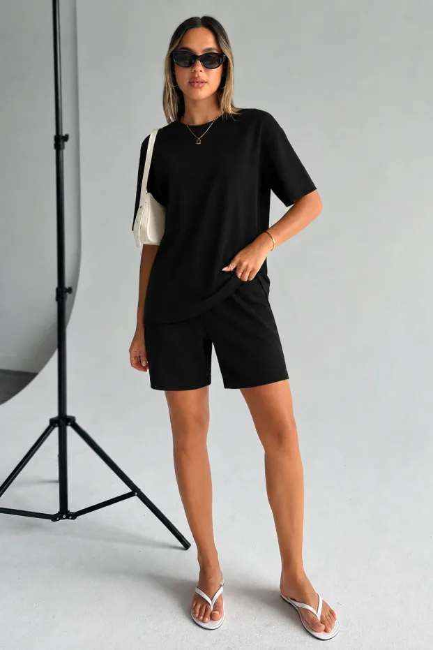 Femeie Negru Oversize Moale Textură Modal Cu Buzunare Costum Scurt 1
