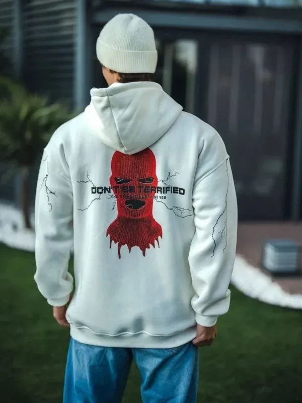 Men's White 3-Thread Cotton Hooded Printed Kangaroo Pocket Sweatshirt 2