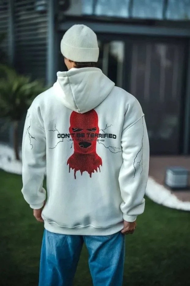 Sweatshirtê Spî ê Mêran ê Bi 3 Têlên Pembû, Kêlûk, Çapkirî û Berîka Kangurû 2