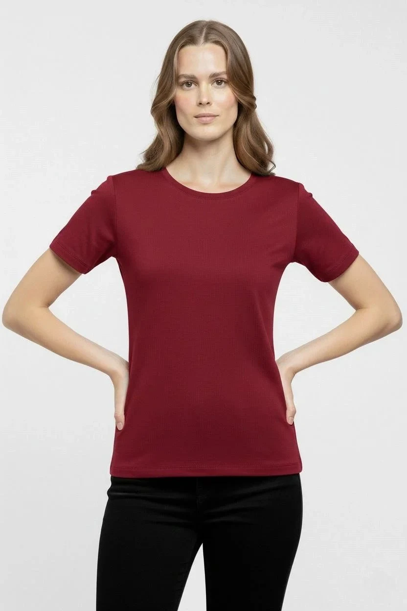 Femeie Tricou Basic Visiniu Slim Fit cu Guler Bicicletă, Elastan