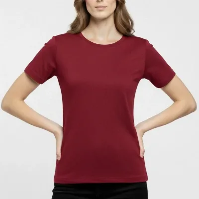 Femeie Tricou Basic Visiniu Slim Fit cu Guler Bicicletă, Elastan 1