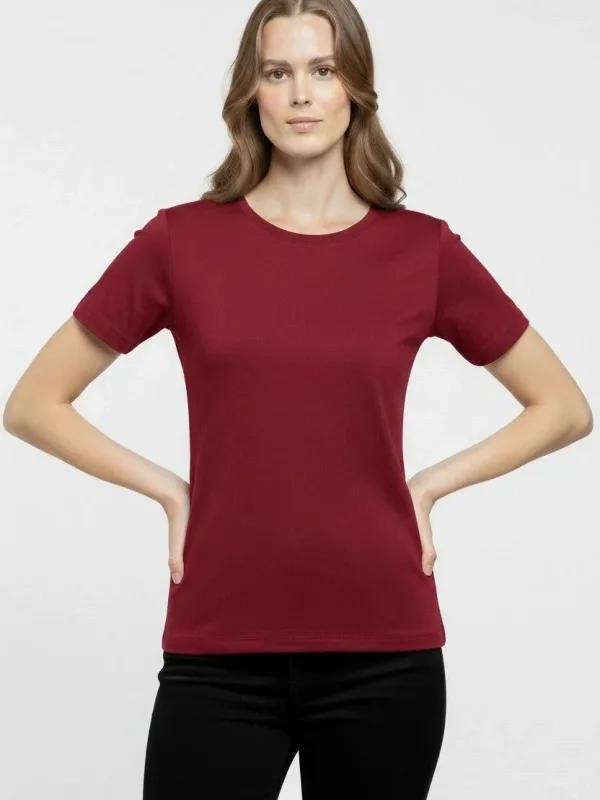 Femeie Tricou Basic Visiniu Slim Fit cu Guler Bicicletă, Elastan 1