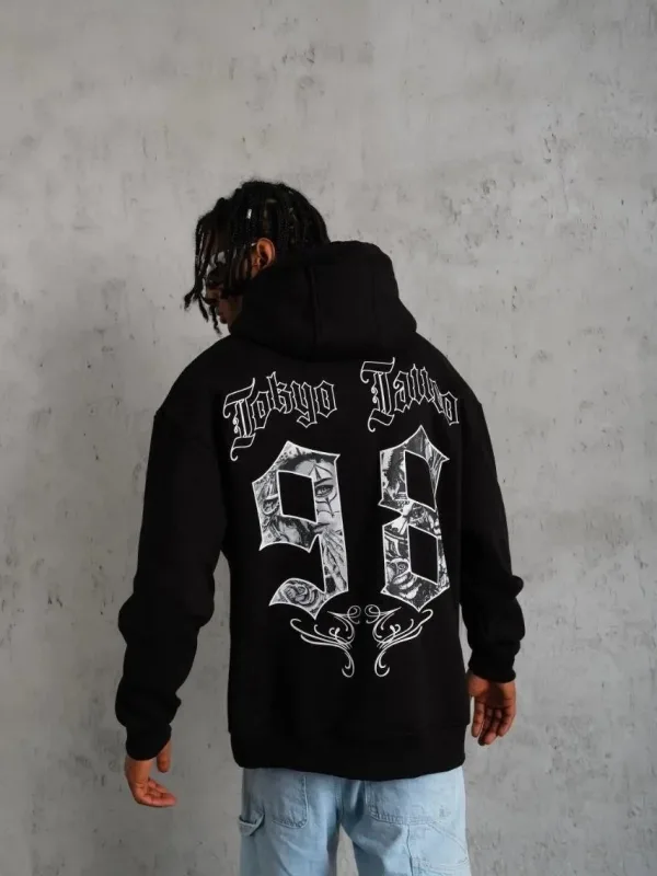 Sweatshirtê Mêran ê Reş ê 3 Têlî Pembû Bi Qapûşon û Çapkirî 4