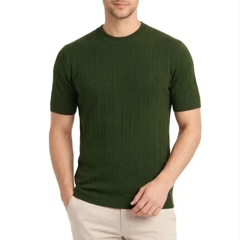 Man Khaki Ribbed Crew Neck Short Sleeve Knit T-Shirt