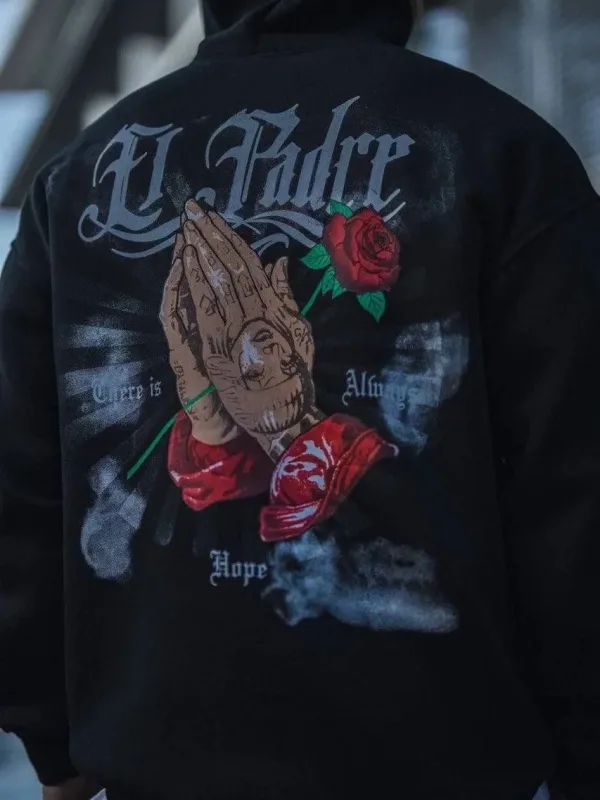Sweatshirtê Mêran ê Reş ê Oversize ê Bi 3 Têlên Pembo, Kapûşon, Çapkirî 2