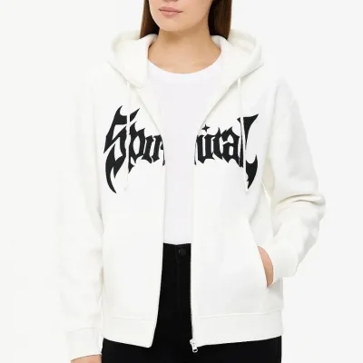 Women's White Oversize 3-Thread Cotton Front Printed Zippered Hooded Cardigan 3