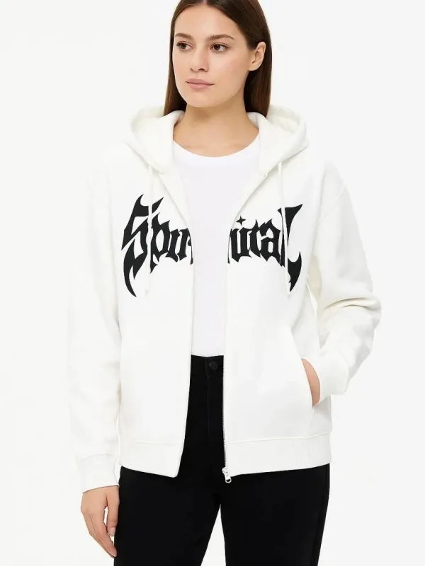 Women's White Oversize 3-Thread Cotton Front Printed Zippered Hooded Cardigan 3