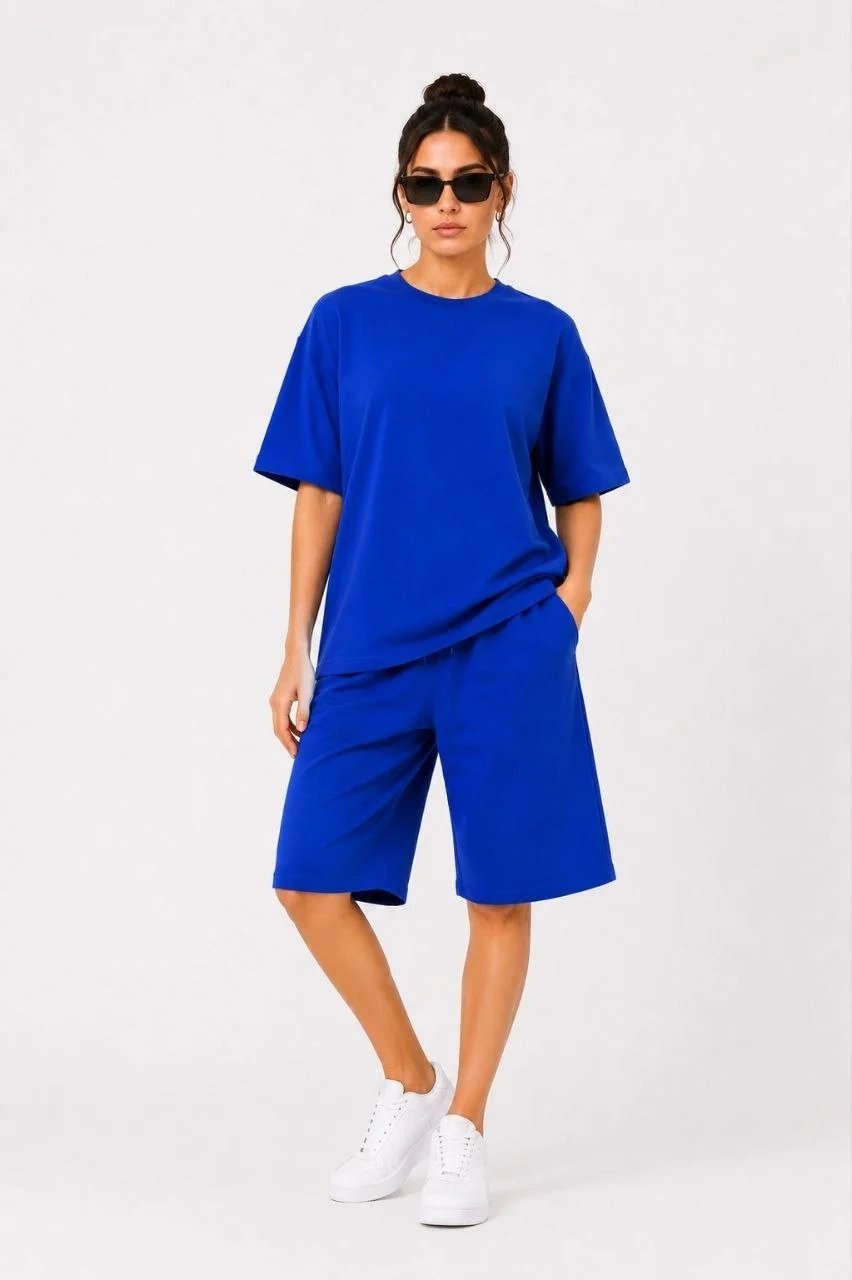 Women's Rust Blue Two-Thread Fabric Scoop Neck T-Shirt with Pockets and Shorts Set 3