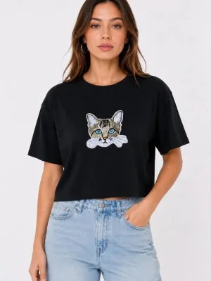 Dámske čierne oversize mačka potlač crop tričko