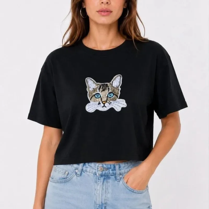 Femeie Negru Oversize Pisica Imprimat Crop Tricou
