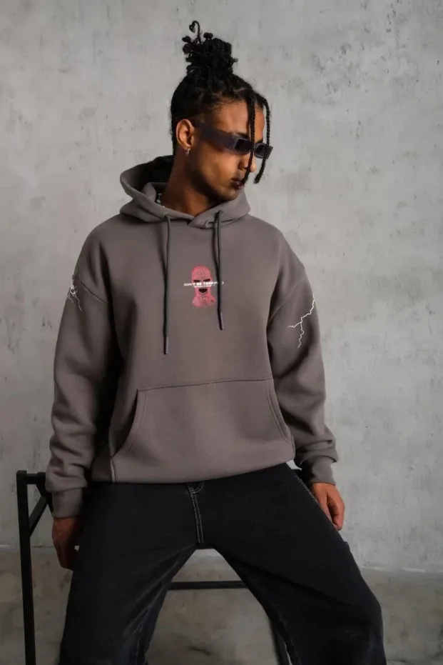 Bărbați Gri Oversize 3 Fire Bumbac Glugă Imprimat Sweatshirt 3