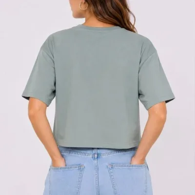 Kadın Mint Yeşili Oversize Kedi Baskılı Crop Tişört 3