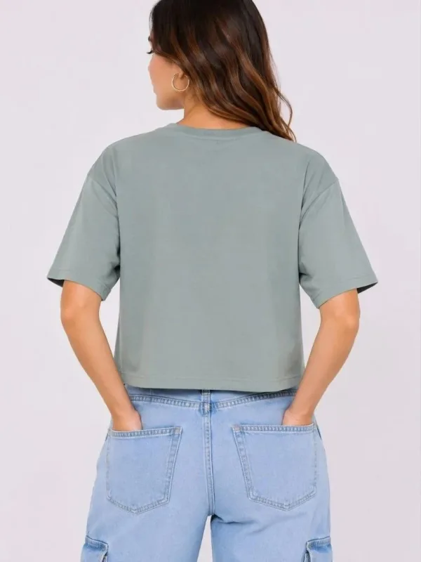 Kadın Mint Yeşili Oversize Kedi Baskılı Crop Tişört 3