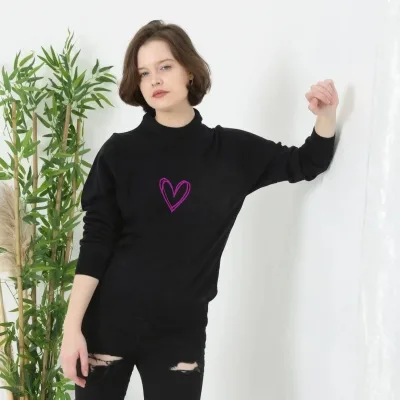 Women's Black Bicycle Neck Printed Woven Knit Sweater 1