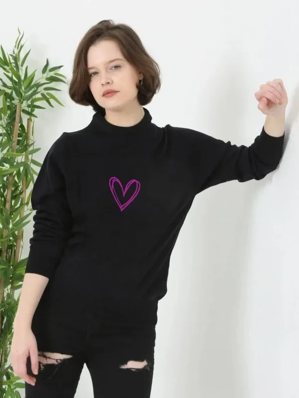 Women's Black Bicycle Neck Printed Woven Knit Sweater 1