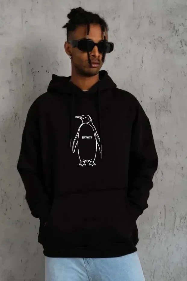 Pánský černý bavlněný sweatshirt s kapucí a potiskem, 3 nitě 2