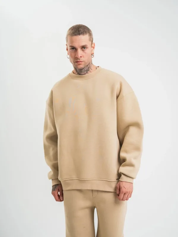 Muški bež dugi rukav bicikli kragna 3 pređe pamučni debeli sweatshirt 1