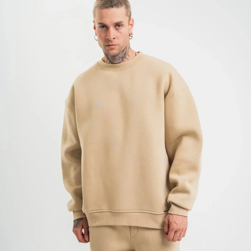 Muški bež dugi rukav bicikli kragna 3 pređe pamučni debeli sweatshirt